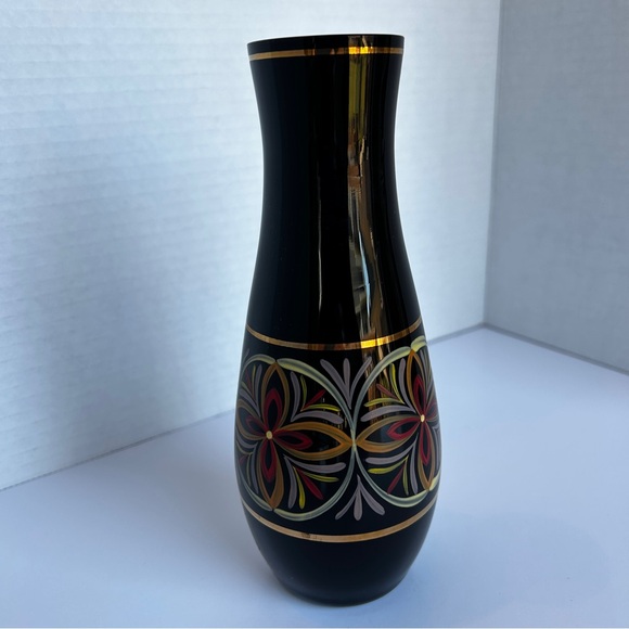HYALITH Black Glass Vase Painted  Design Gold Bands 7.25 inches - Picture 3 of 10